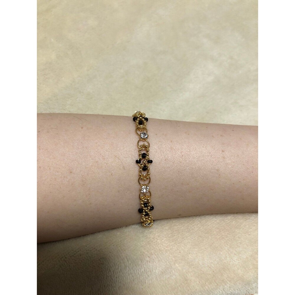 Black Beads & Rhinestones Gold-Tone Bracelet 7”